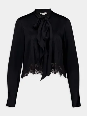 Pussy-Bow Long Sleeve Blouse in Black