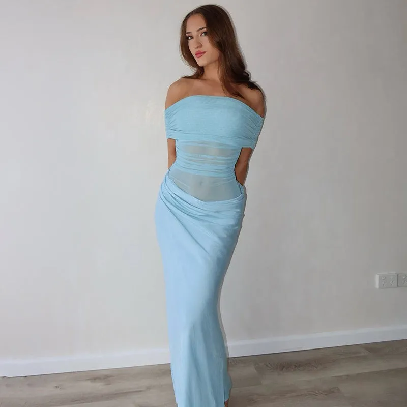 REALAIOT  Sanhu Lianjiang Y24DS658 2025 women's clothing one-word collar mesh stitching waist slim-fitting shrink-pleated hip-wrapped skirt wholesale