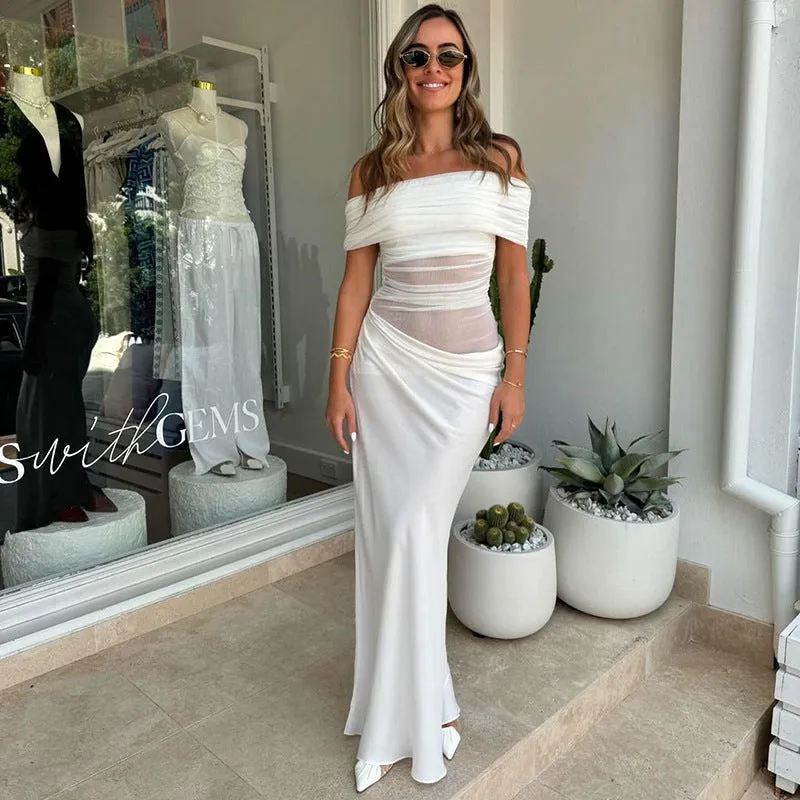 REALAIOT  Sanhu Lianjiang Y24DS658 2025 women's clothing one-word collar mesh stitching waist slim-fitting shrink-pleated hip-wrapped skirt wholesale
