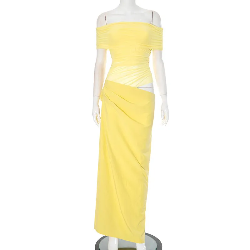 REALAIOT  Sanhu Lianjiang Y24DS658 2025 women's clothing one-word collar mesh stitching waist slim-fitting shrink-pleated hip-wrapped skirt wholesale