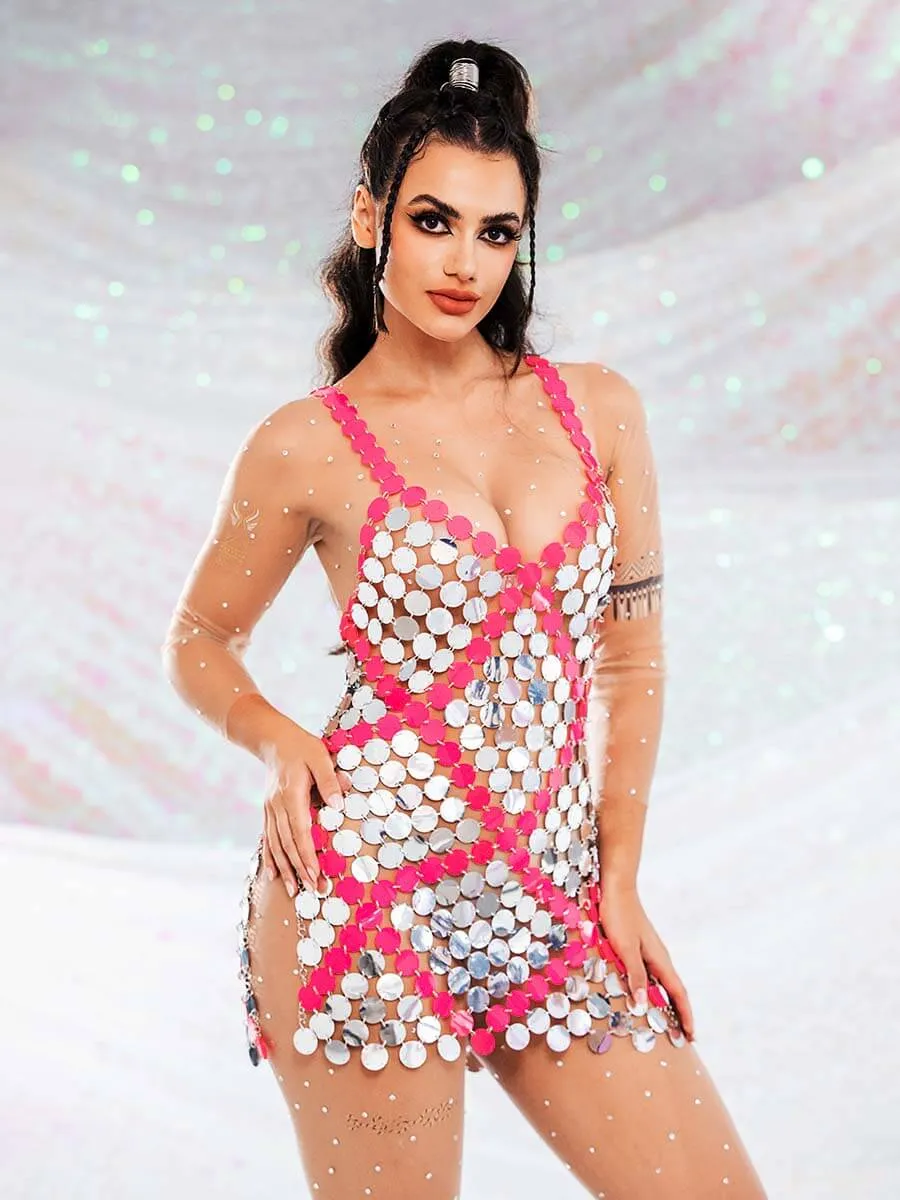 Red Embedded Silver Sequin Mini Dress - Summer Skirts
