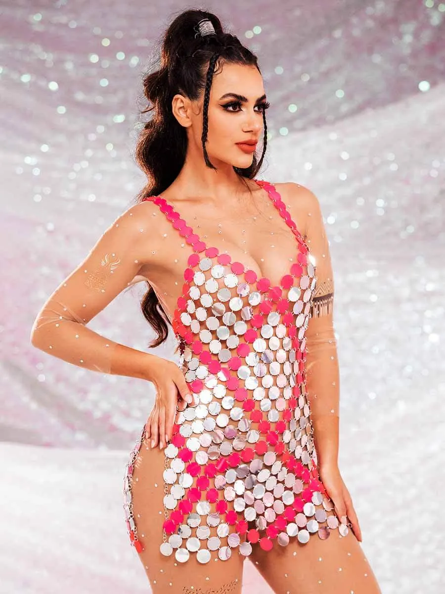 Red Embedded Silver Sequin Mini Dress - Summer Skirts