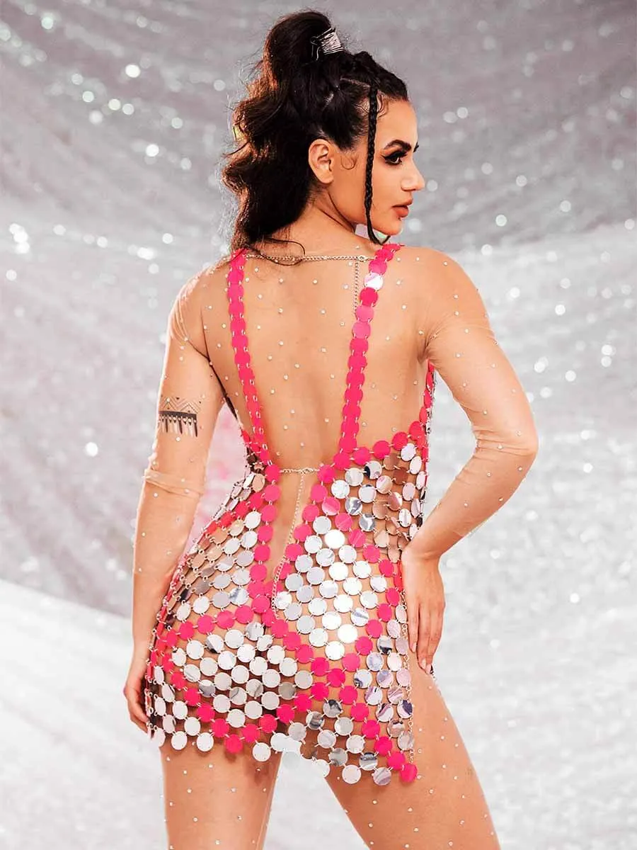 Red Embedded Silver Sequin Mini Dress - Summer Skirts