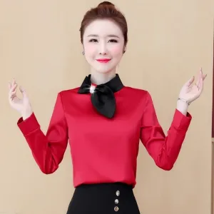 Red long sleeve satin blouse with black bow