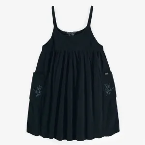 Robe longue marine uni à bretelles minces en velours côtelé, enfant || Plain navy long dress with thin straps in corduroy, child