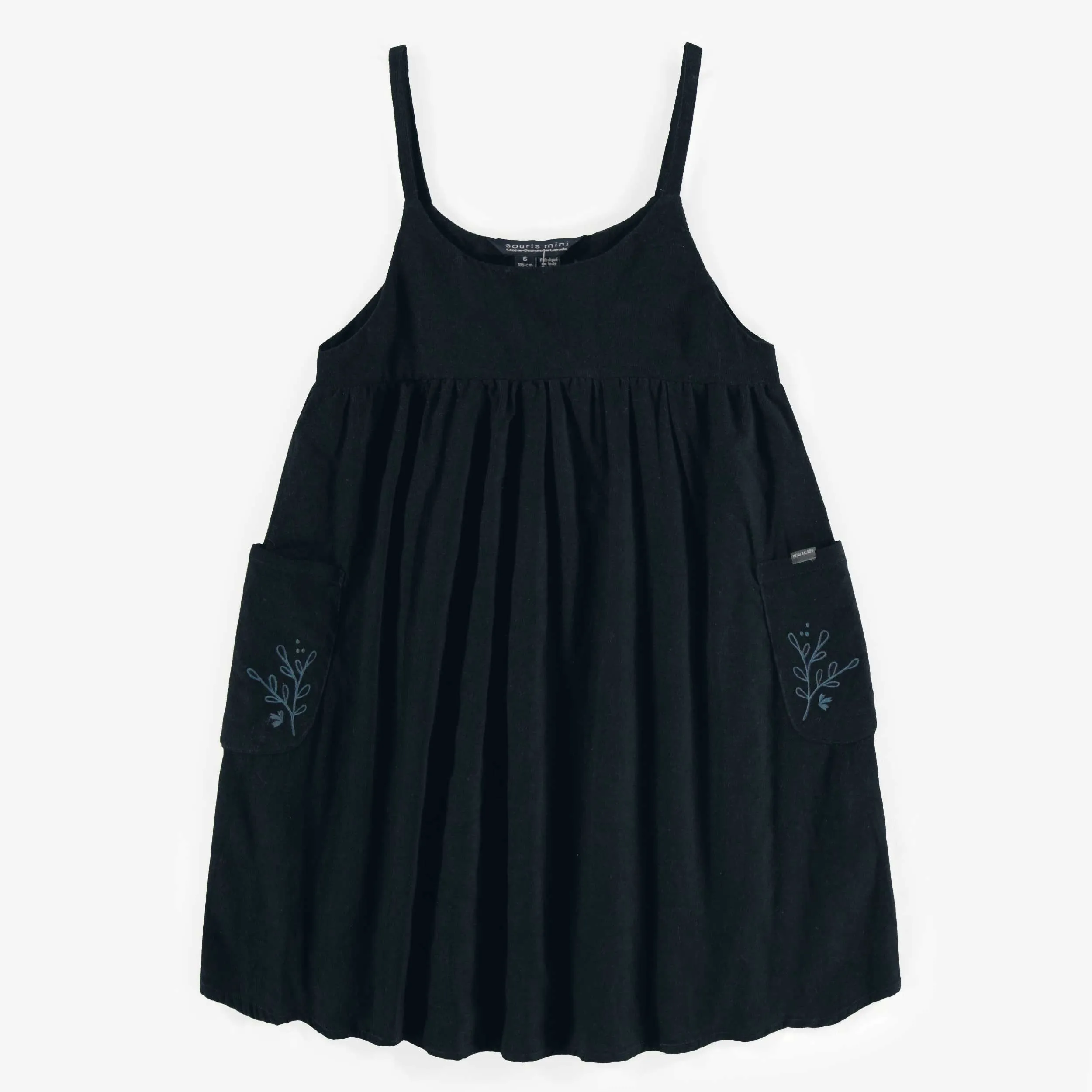 Robe longue marine uni à bretelles minces en velours côtelé, enfant || Plain navy long dress with thin straps in corduroy, child