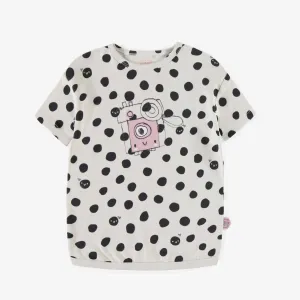 Robe t-shirt crème à pois en jersey doux extensible, bébé || Cream t-shirt dress with dots in peach touch stretch jersey, baby