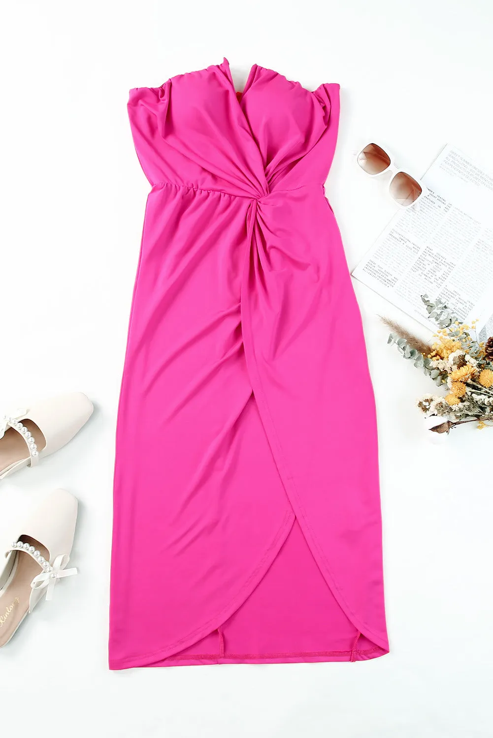 Rose Strapless Ruched Wrapped Slit Midi Dress