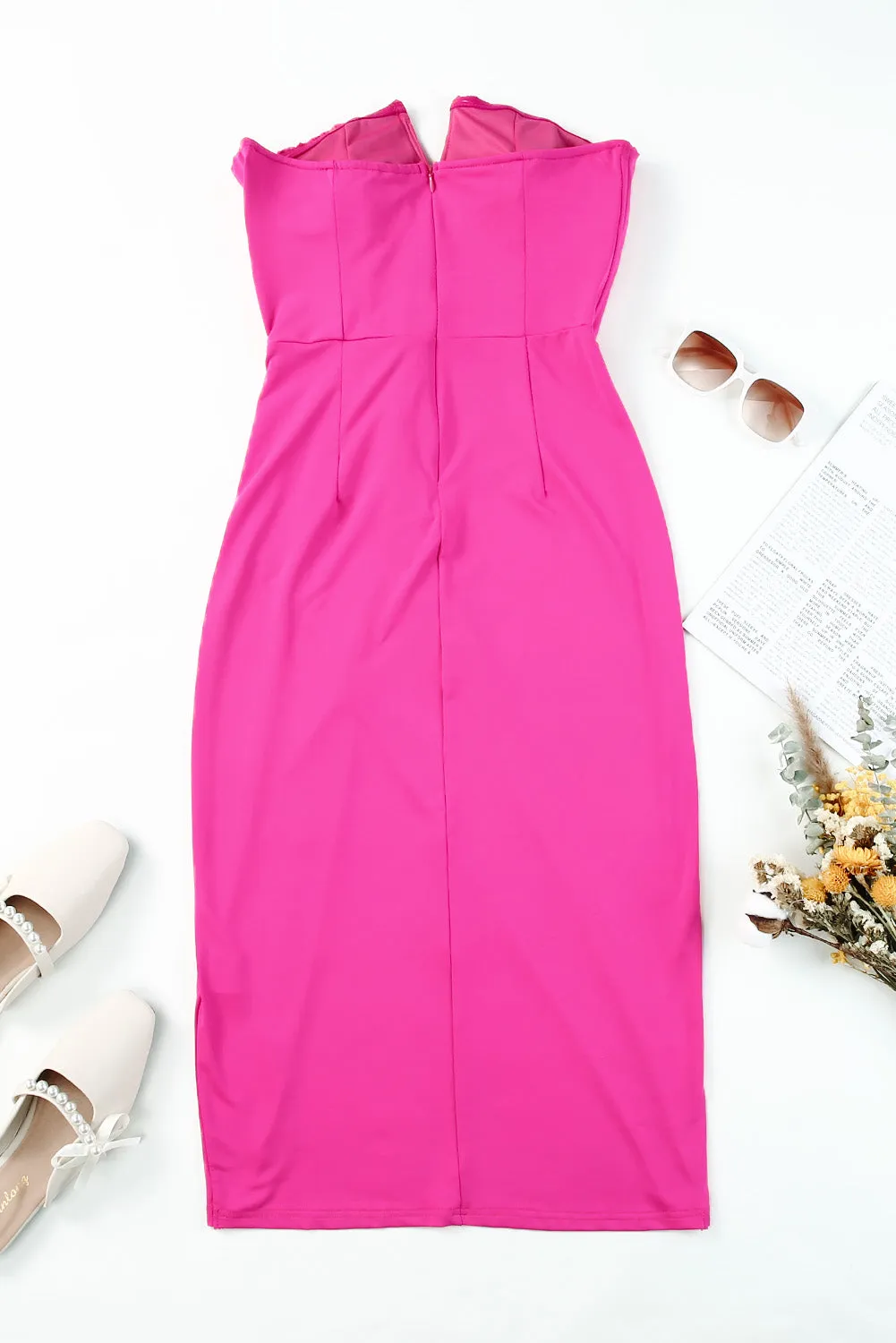 Rose Strapless Ruched Wrapped Slit Midi Dress