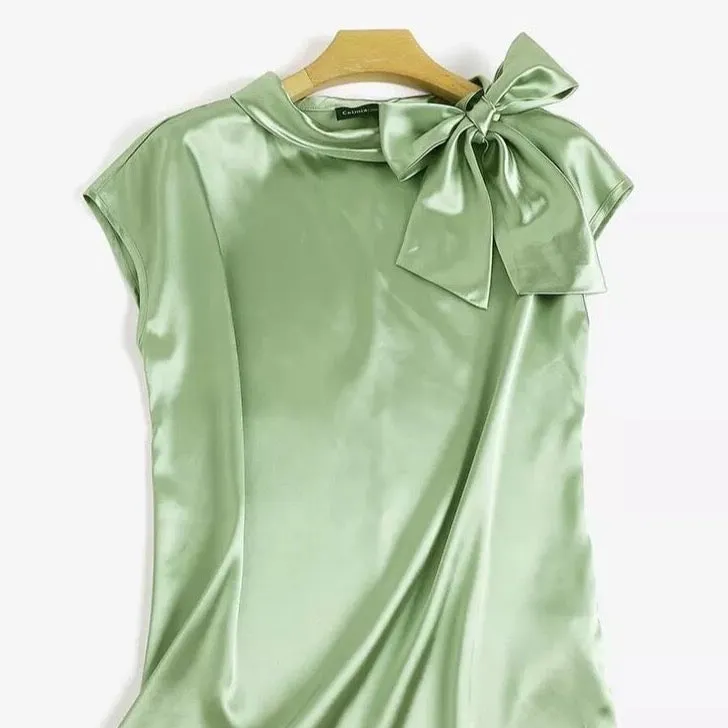 Sage green short-sleeved, knotted satin blouse