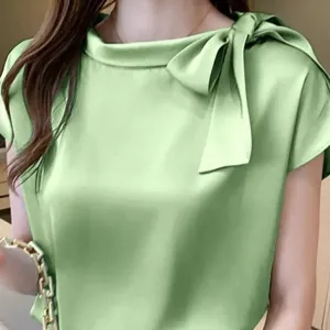 Sage green short-sleeved, knotted satin blouse