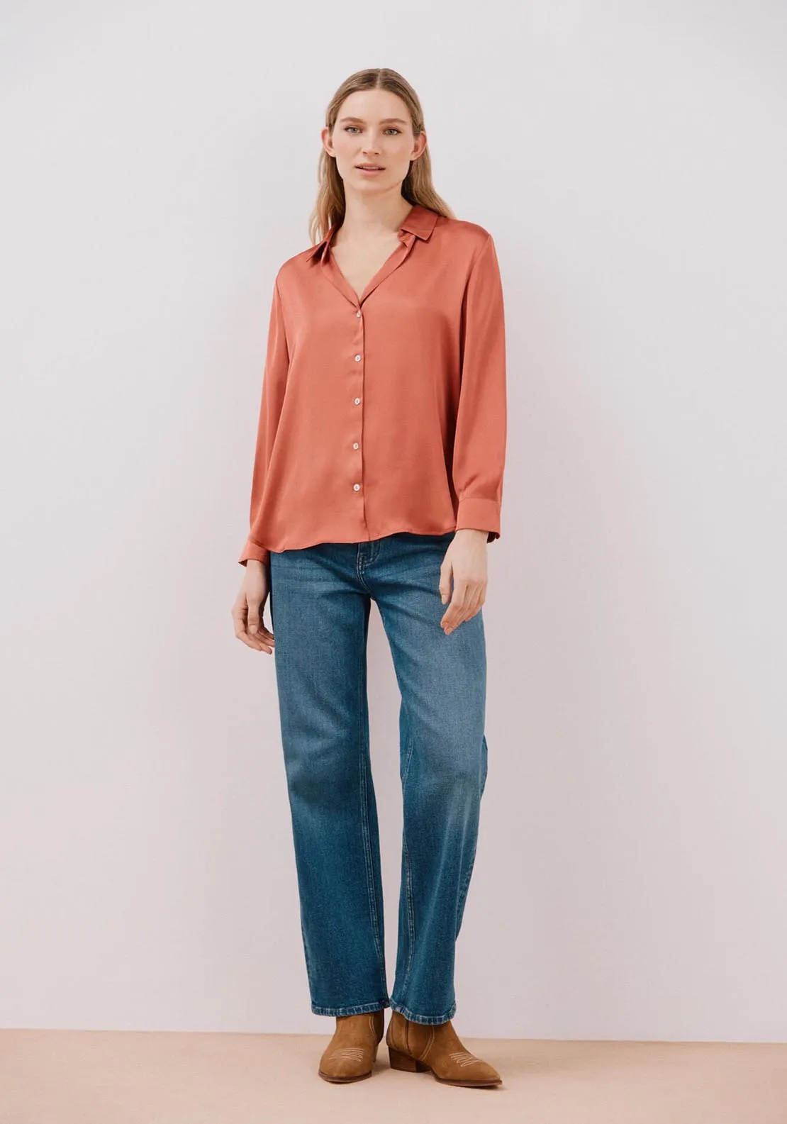 Satin-Finish Shirt - Coral