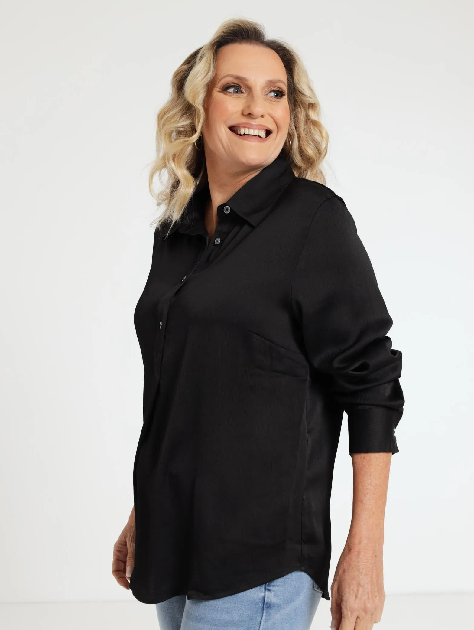 Satin Half Placket Blouse - Black
