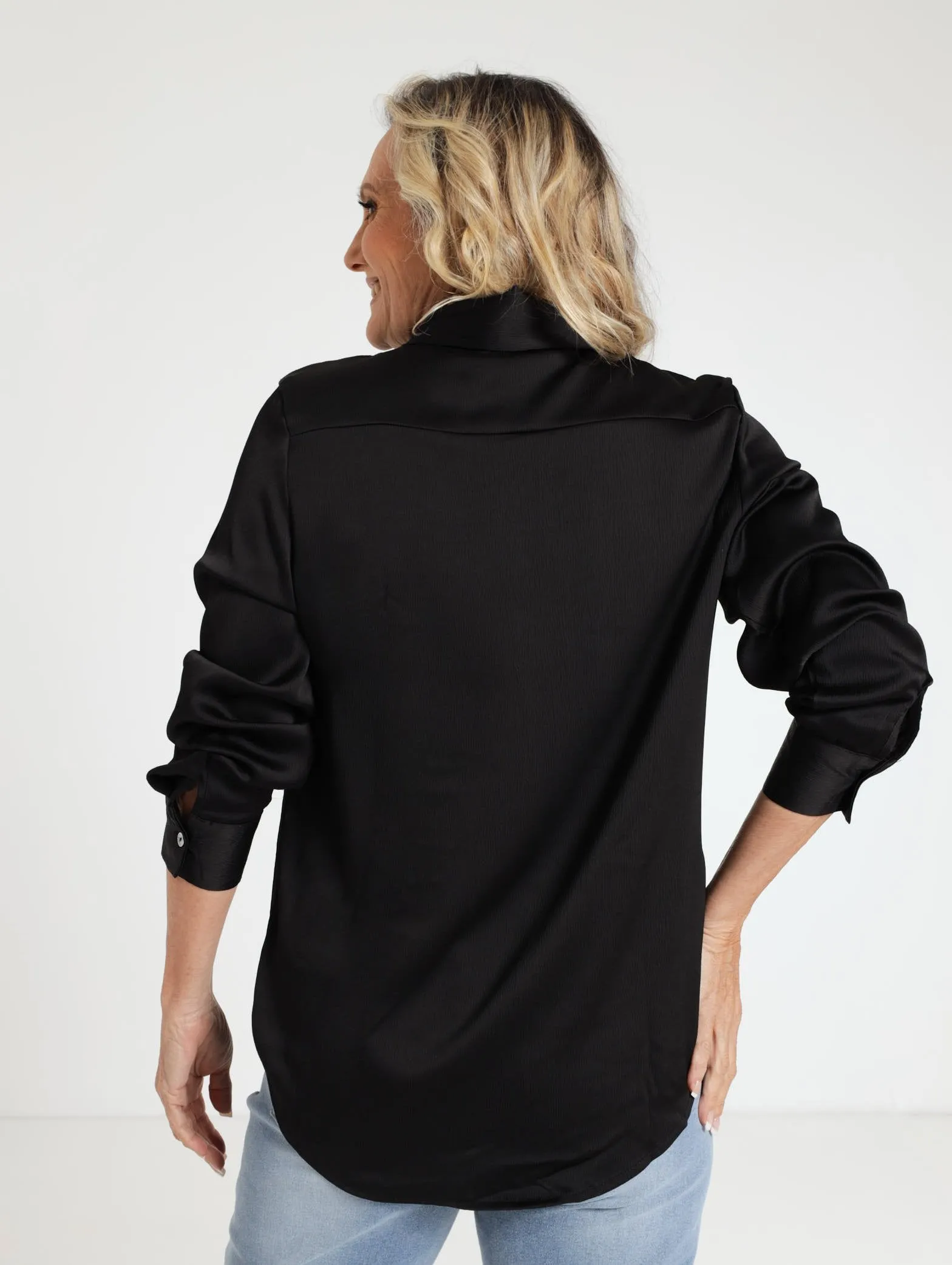 Satin Half Placket Blouse - Black