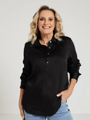 Satin Half Placket Blouse - Black