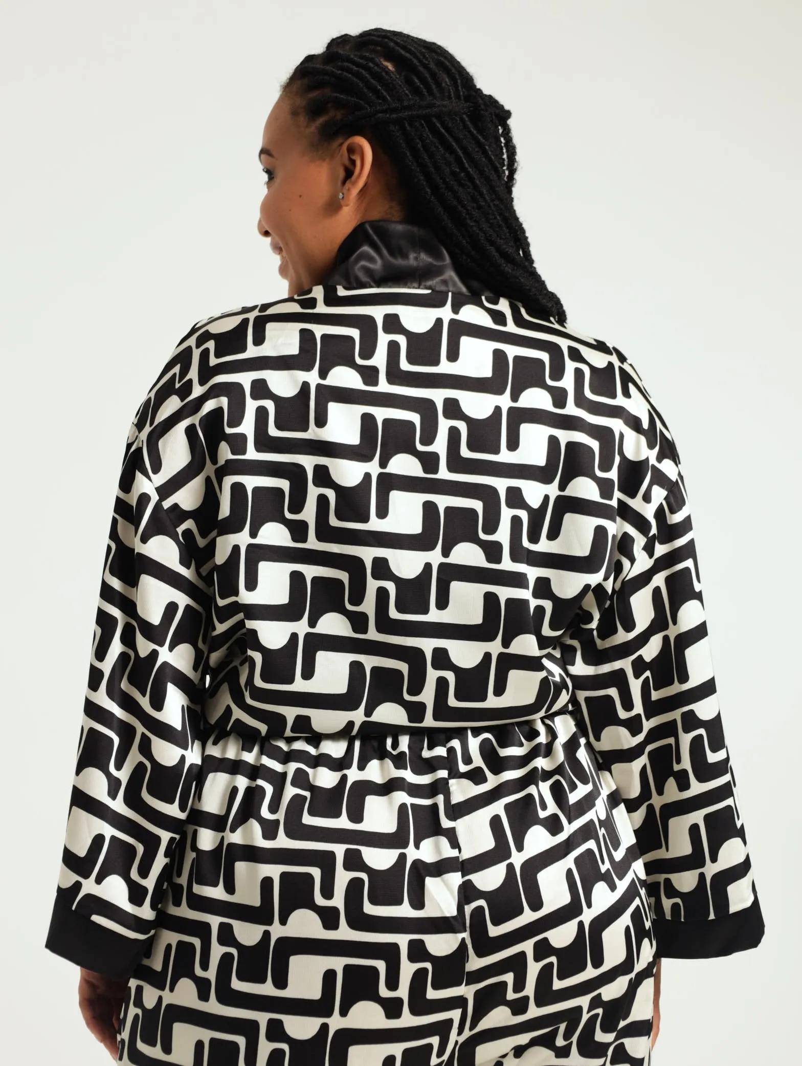 Satin Tie-Up Kimono - Black/Cream