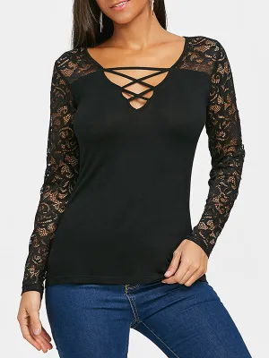 Sexy Cross Cutout Lace Panel Long Sleeve Slim T-Shirt