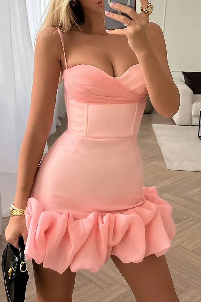 Sexy Solid Fold V Neck Wrapped Skirt Dresses