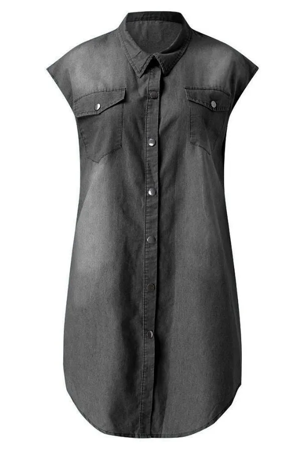 Shirt Collar Blue Midi Dress