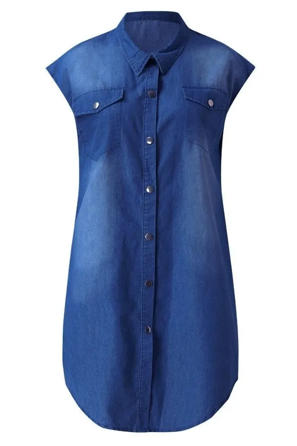 Shirt Collar Blue Midi Dress