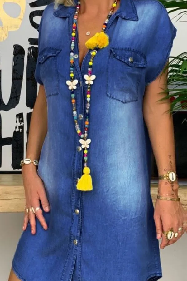 Shirt Collar Blue Midi Dress