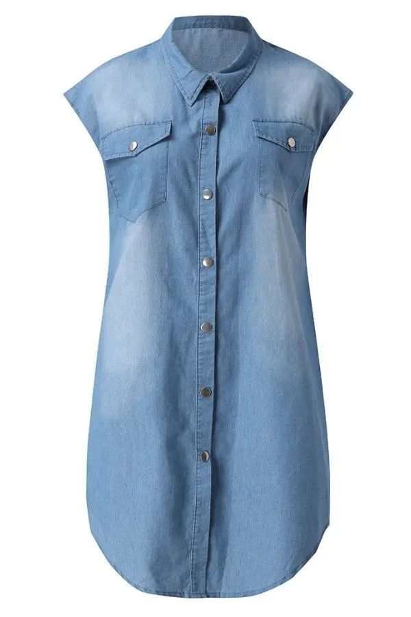 Shirt Collar Blue Midi Dress