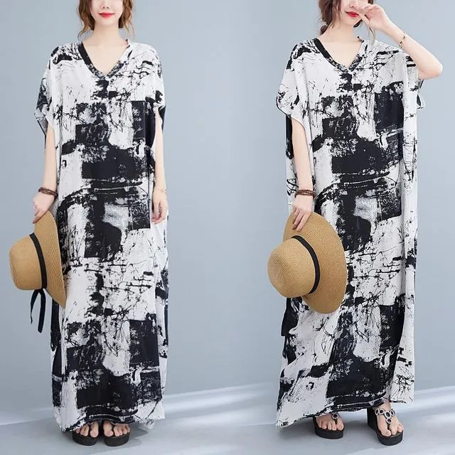 Short-Sleeve Tie-Dye Maxi Oversized T-Shirt Dress