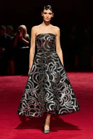 Silver Tire Trek Paillette Strapless Tea Length Dress