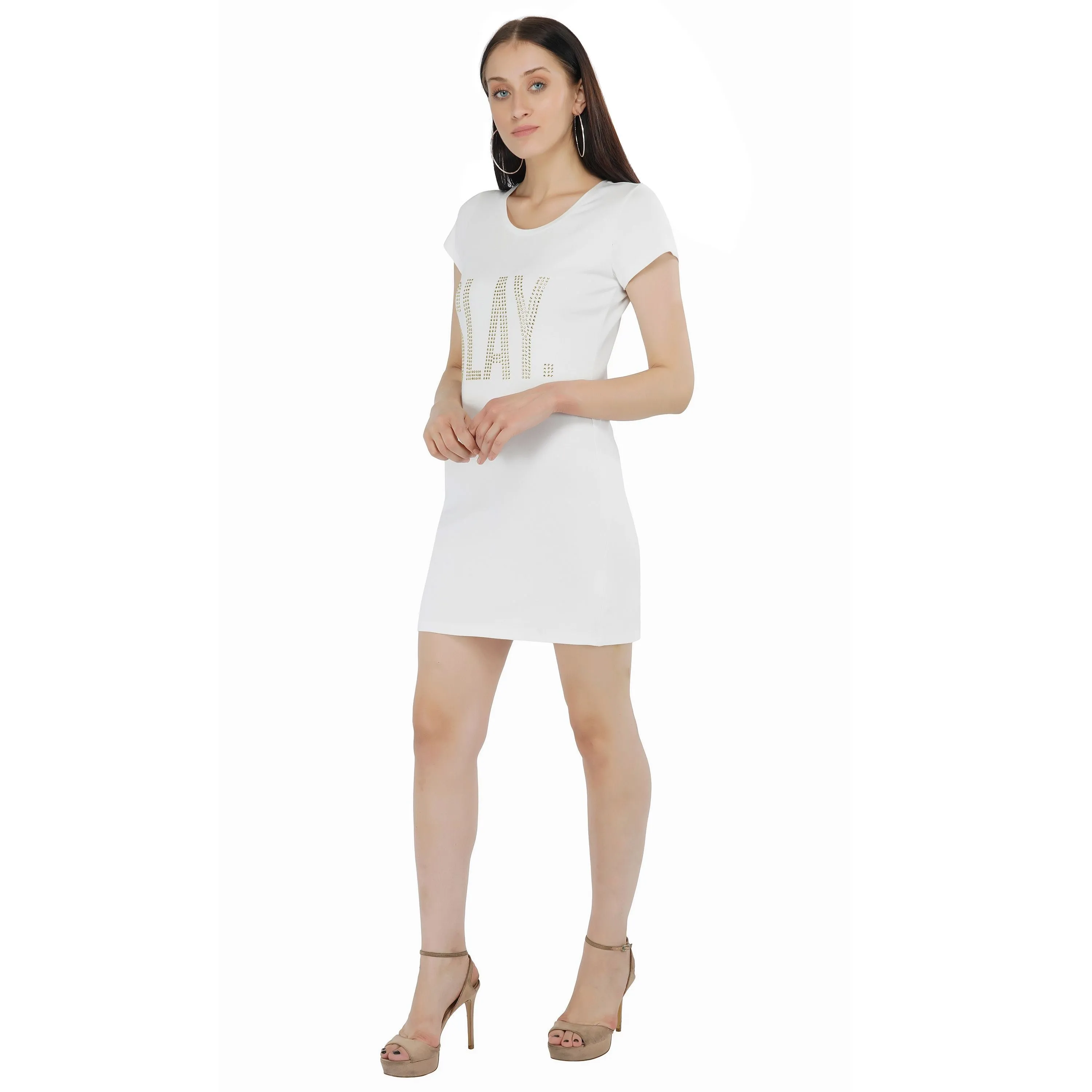 SLAY. Women's Gold Crystal Embellished White T-shirt Dress