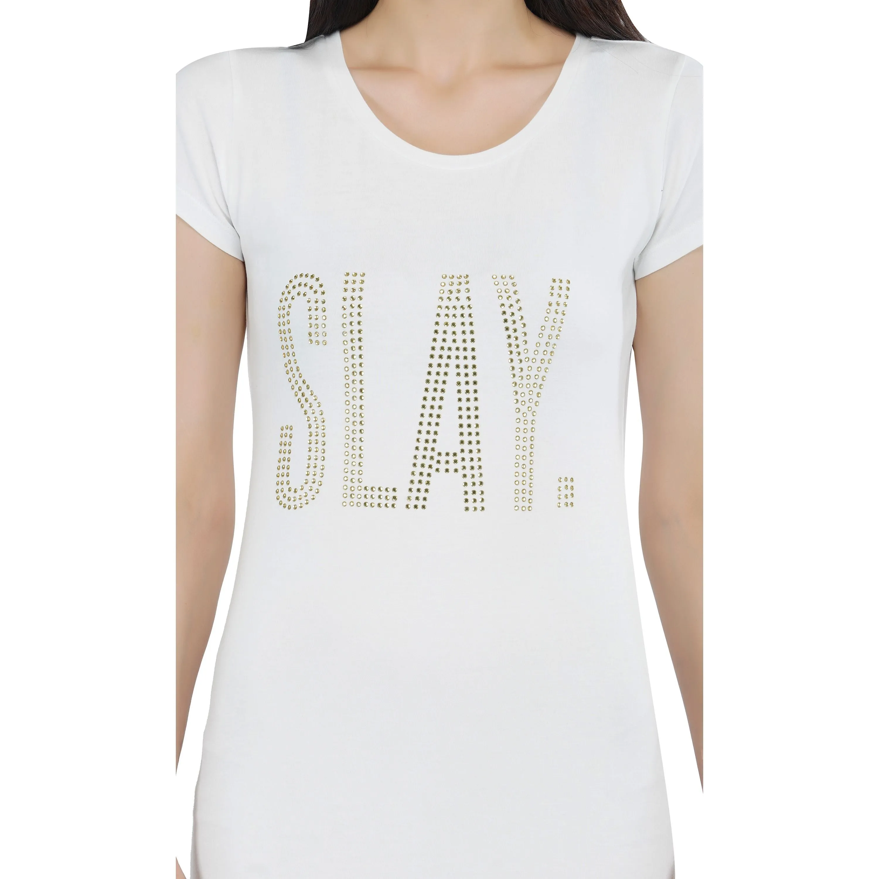 SLAY. Women's Gold Crystal Embellished White T-shirt Dress