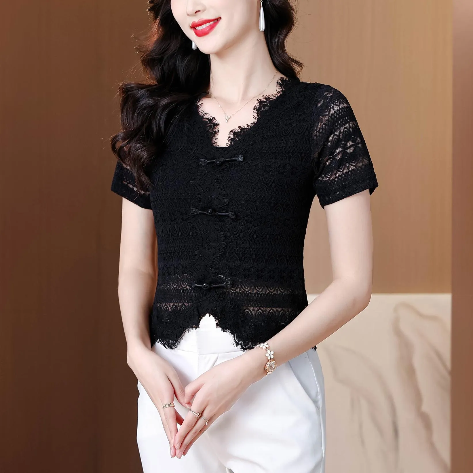 Solid Color V-Neck Blouse with Eyelet Lace Details