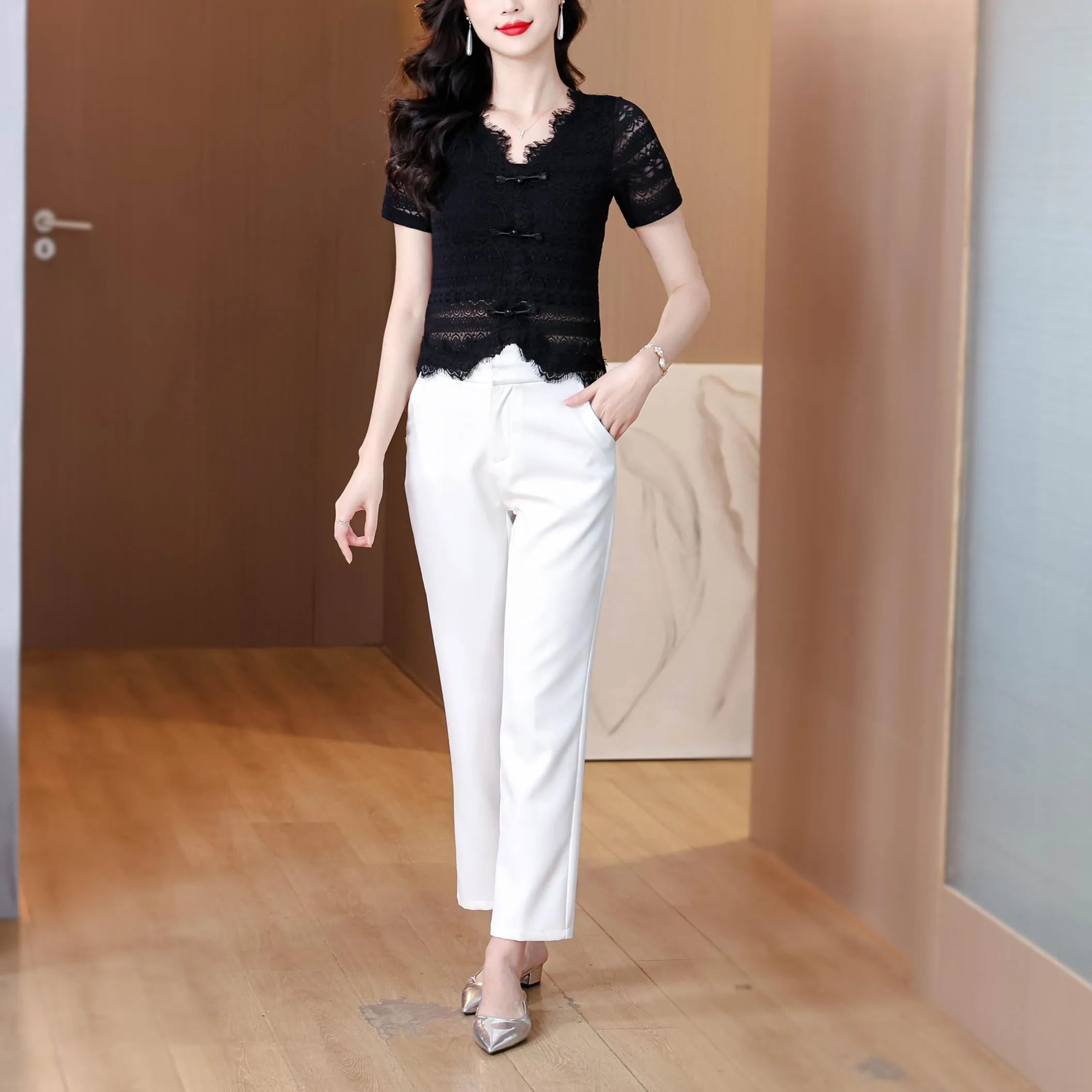 Solid Color V-Neck Blouse with Eyelet Lace Details