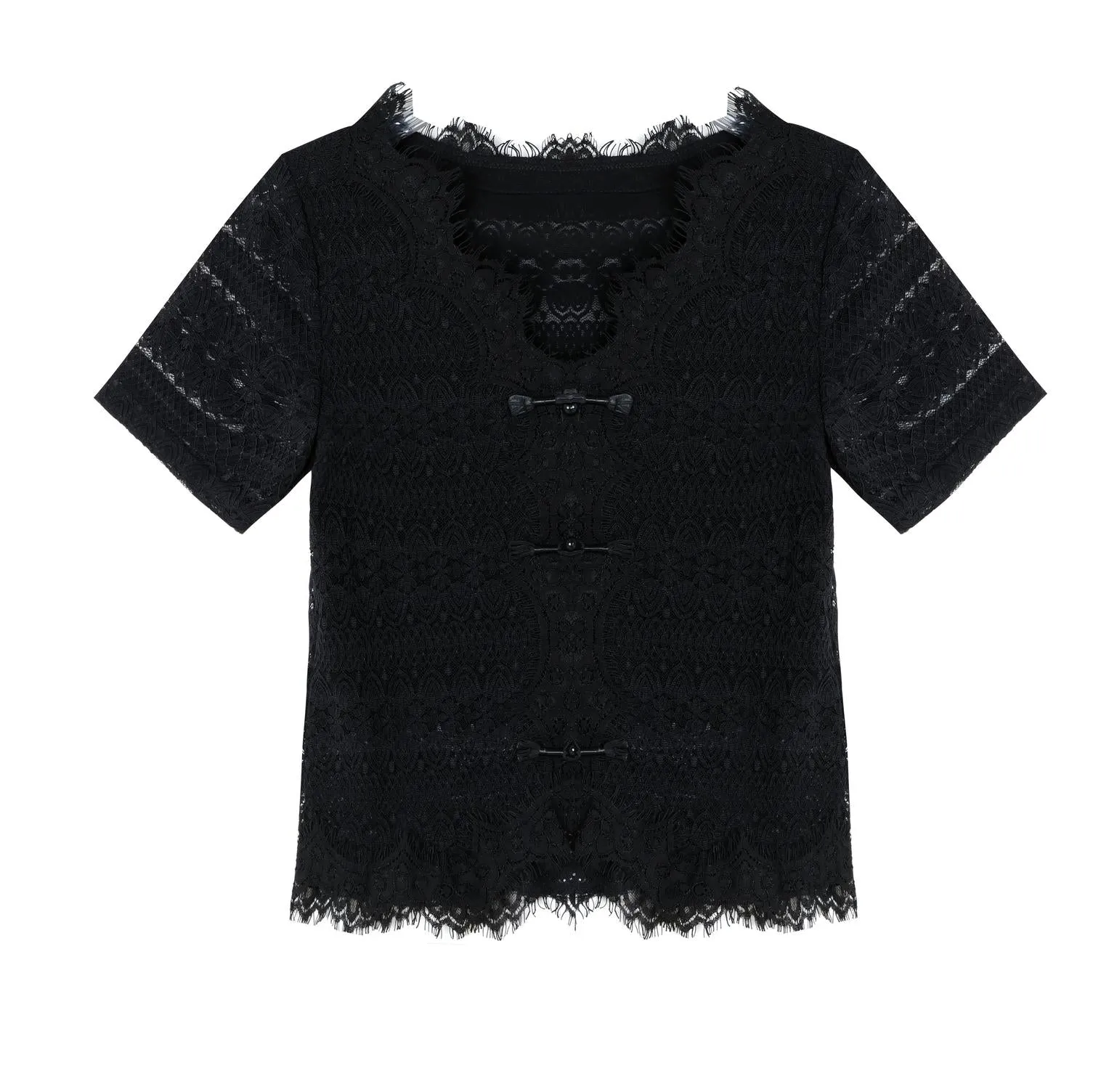 Solid Color V-Neck Blouse with Eyelet Lace Details