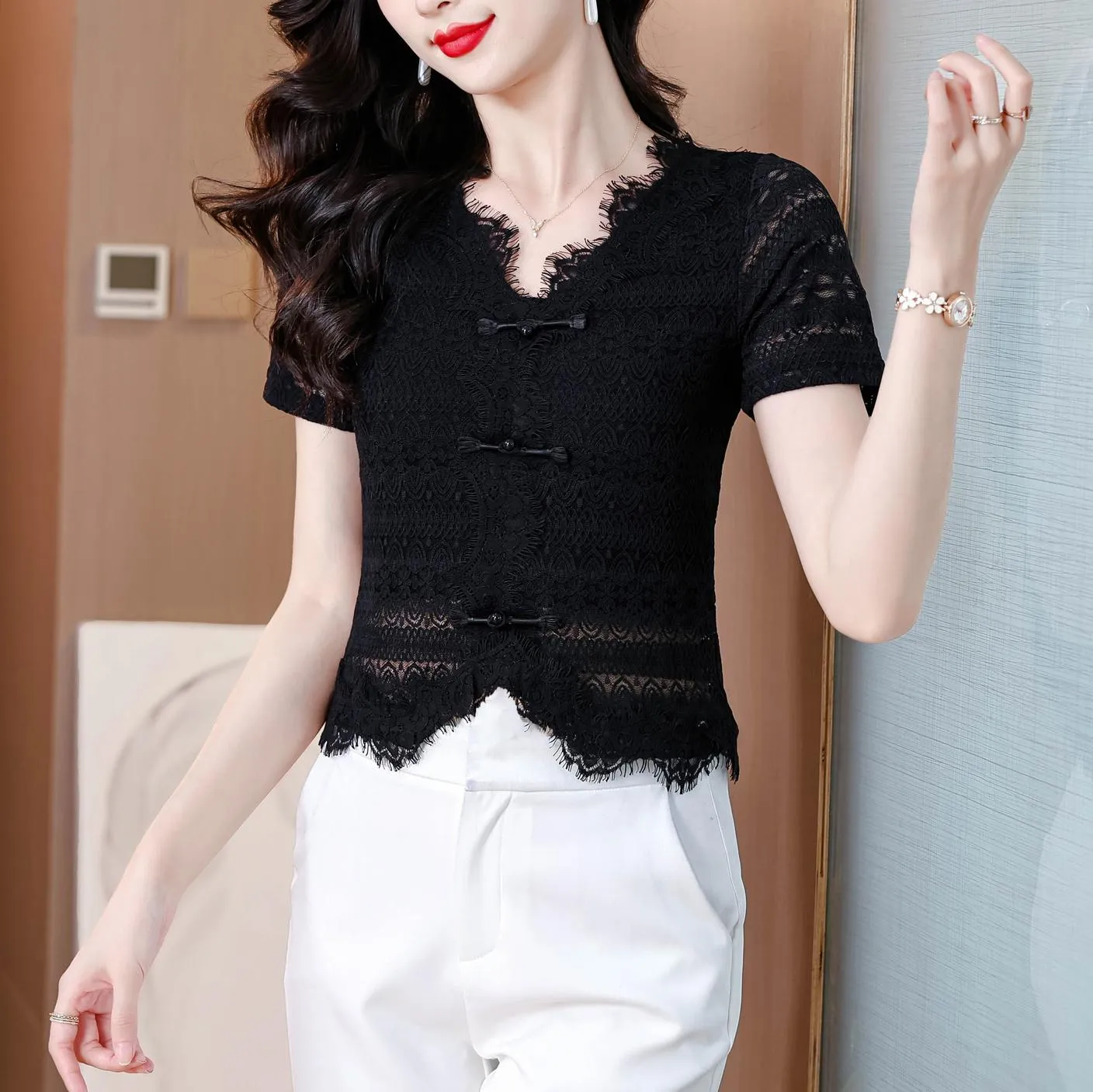 Solid Color V-Neck Blouse with Eyelet Lace Details