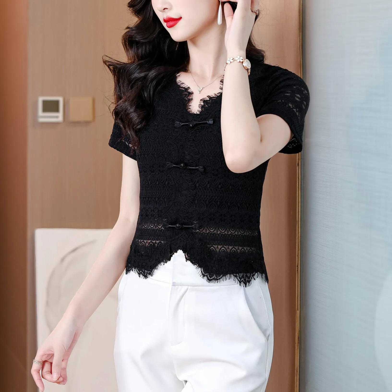 Solid Color V-Neck Blouse with Eyelet Lace Details