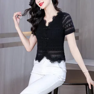 Solid Color V-Neck Blouse with Eyelet Lace Details