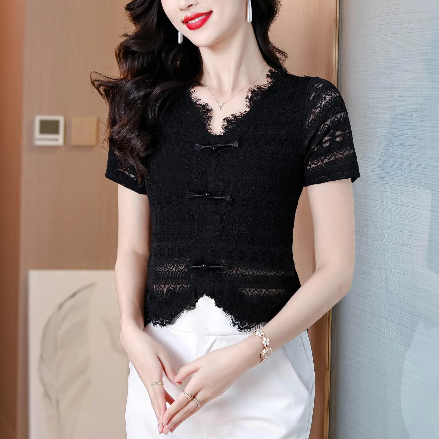 Solid Color V-Neck Blouse with Eyelet Lace Details