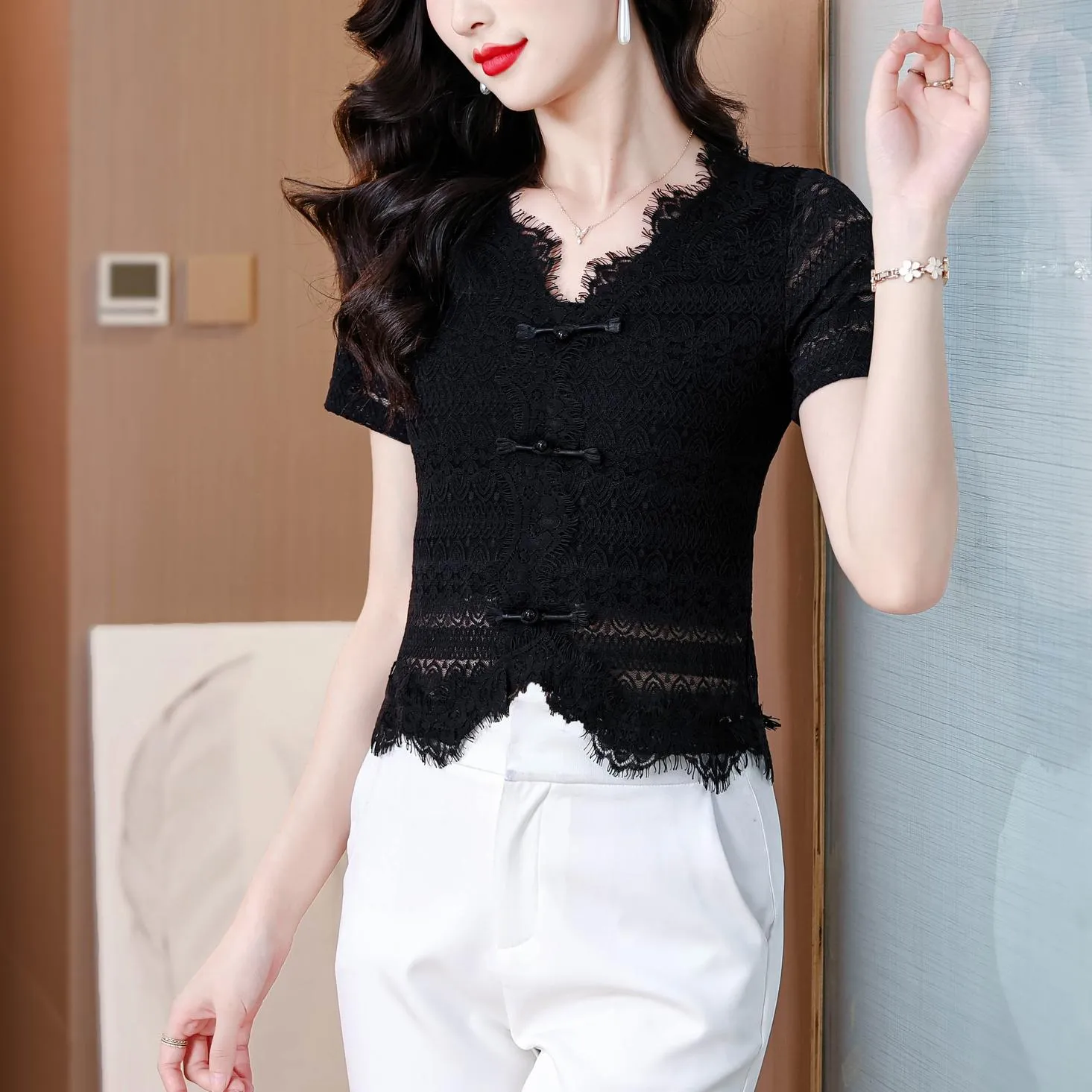 Solid Color V-Neck Blouse with Eyelet Lace Details
