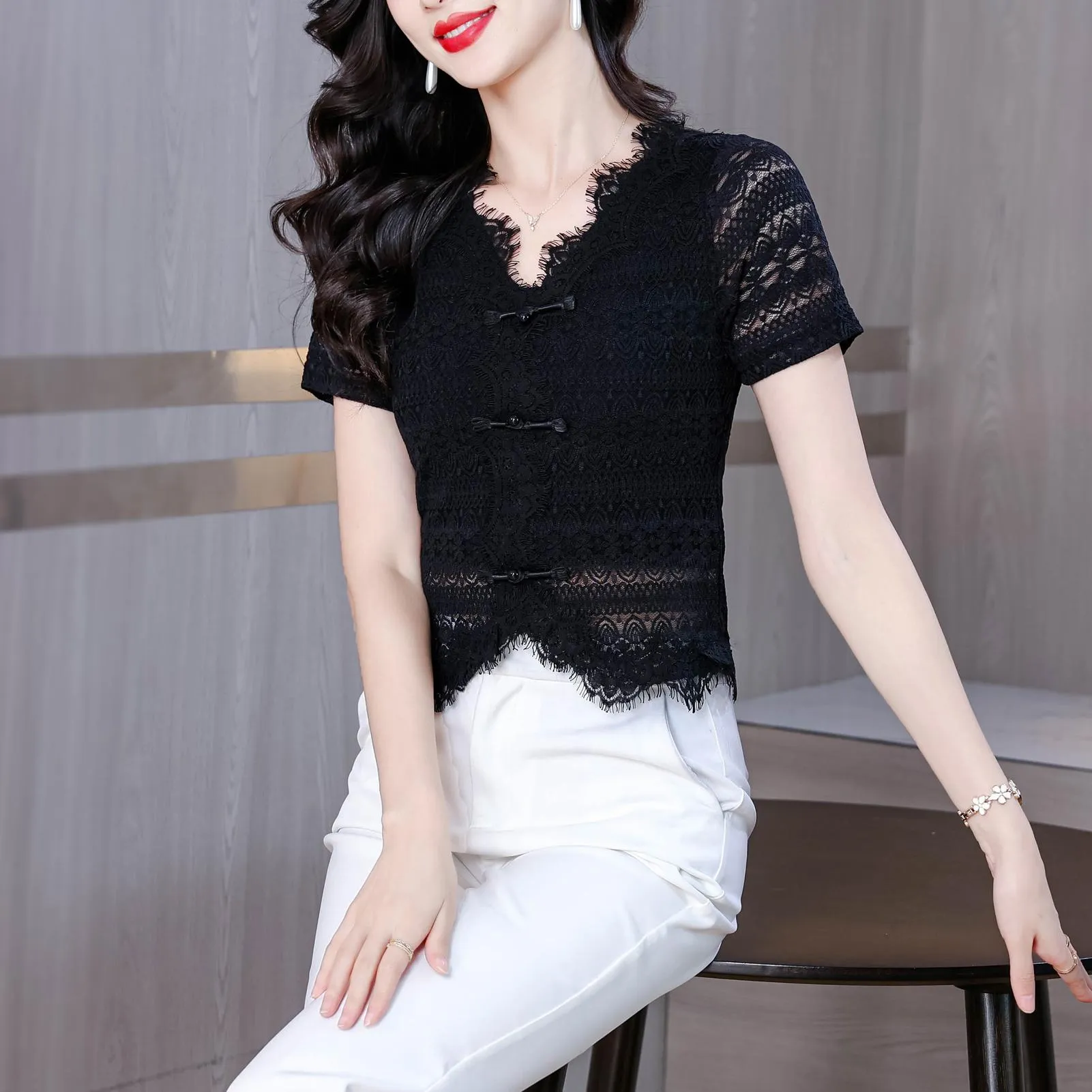 Solid Color V-Neck Blouse with Eyelet Lace Details