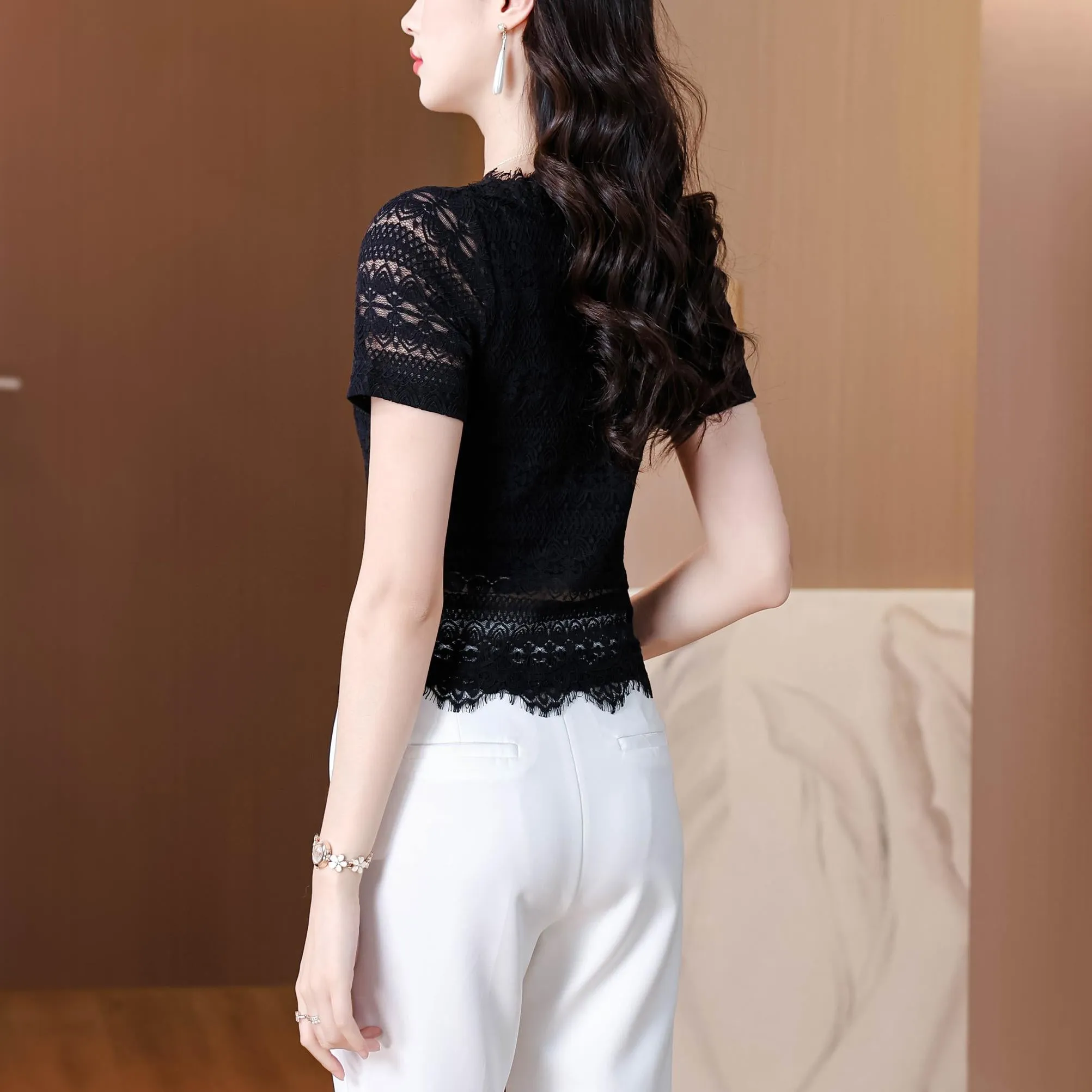 Solid Color V-Neck Blouse with Eyelet Lace Details