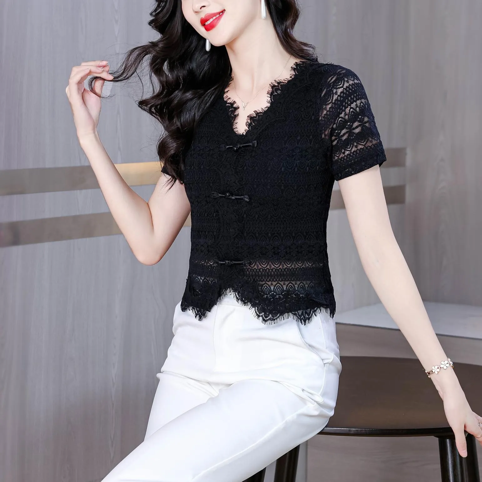 Solid Color V-Neck Blouse with Eyelet Lace Details