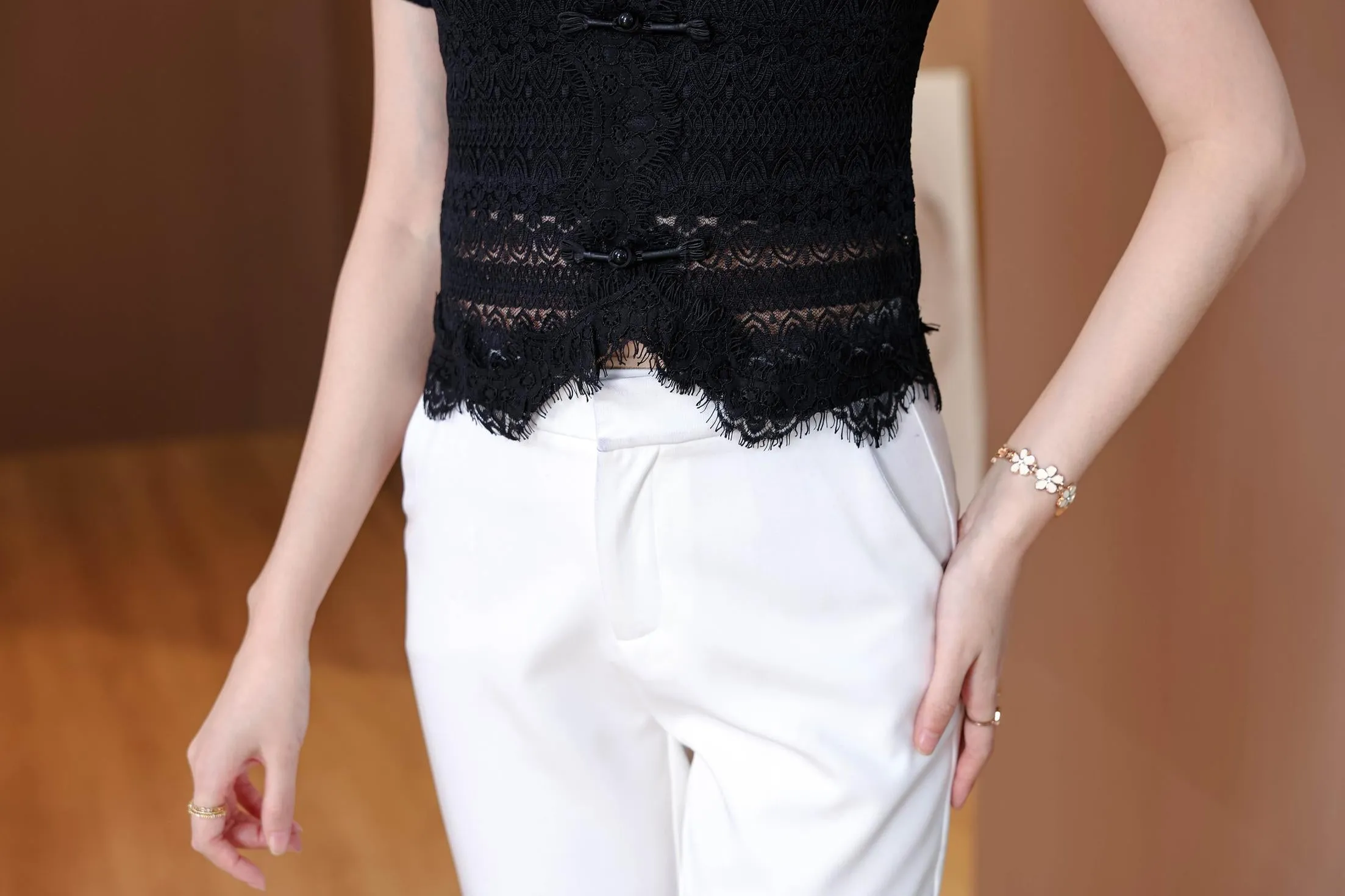Solid Color V-Neck Blouse with Eyelet Lace Details