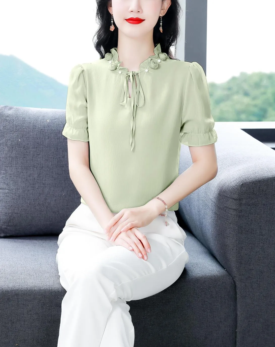 Solid Ruched Sleeve Satin Blouse for Elegant Occasions