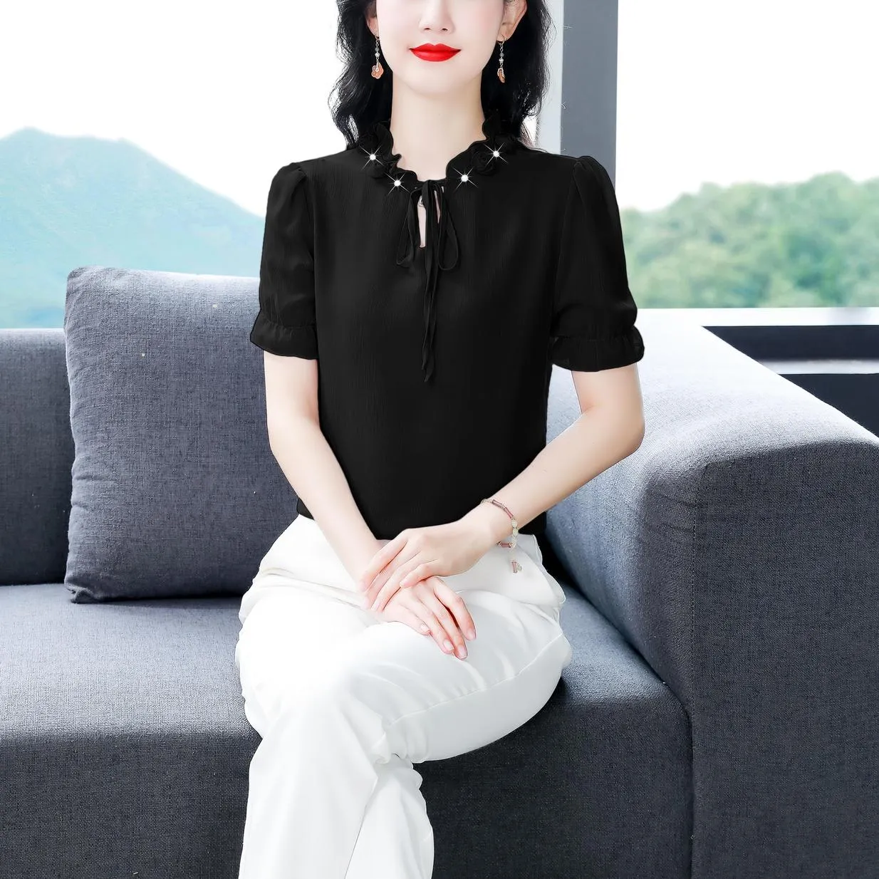 Solid Ruched Sleeve Satin Blouse for Elegant Occasions