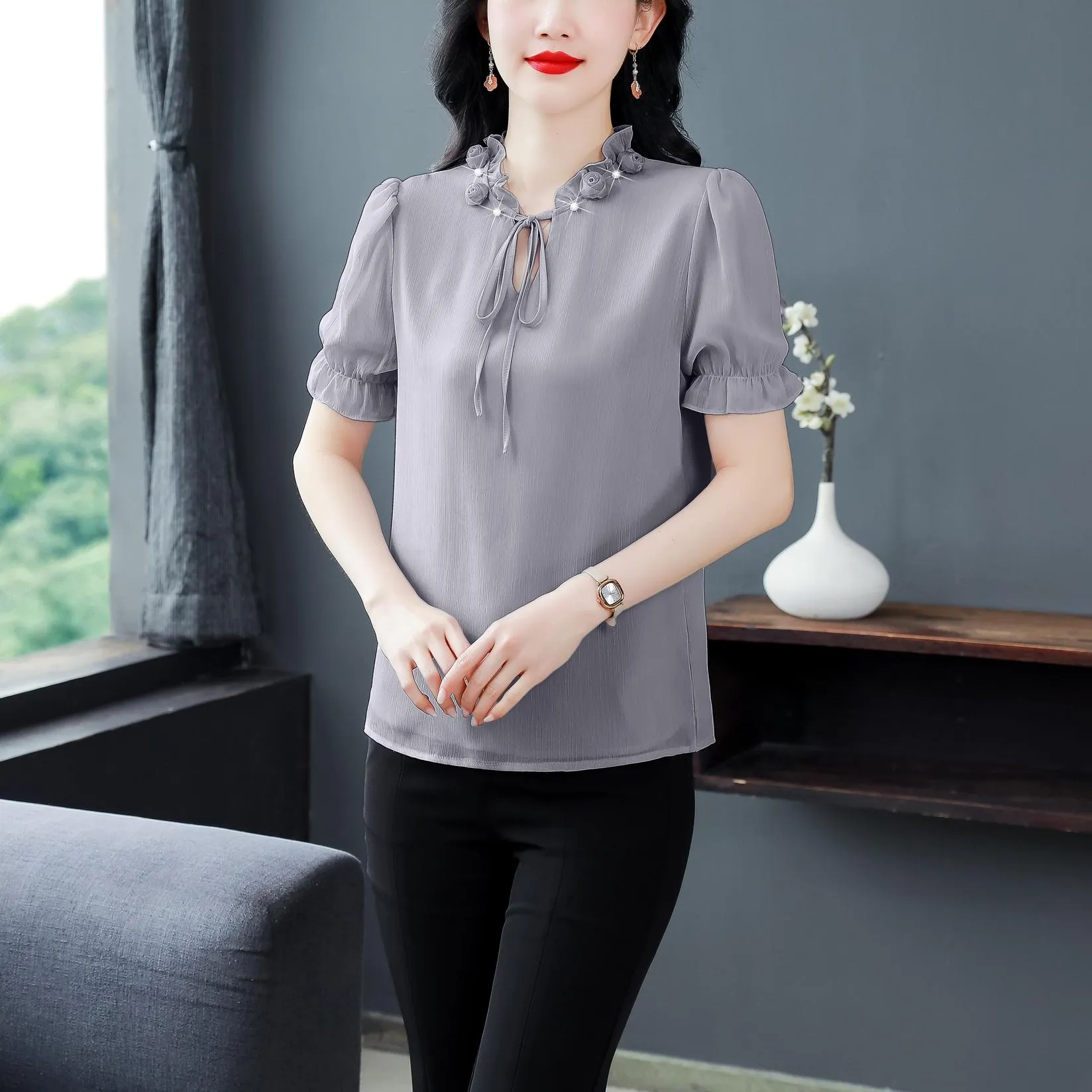 Solid Ruched Sleeve Satin Blouse for Elegant Occasions