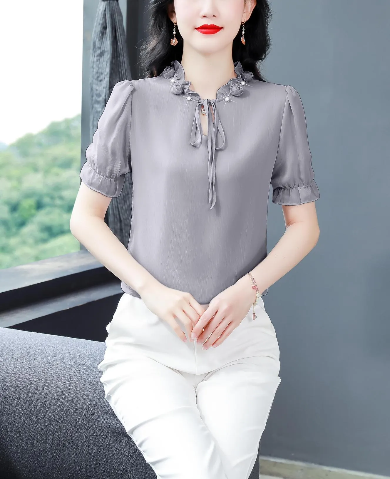 Solid Ruched Sleeve Satin Blouse for Elegant Occasions