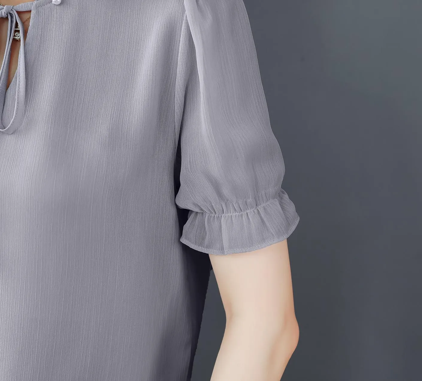 Solid Ruched Sleeve Satin Blouse for Elegant Occasions