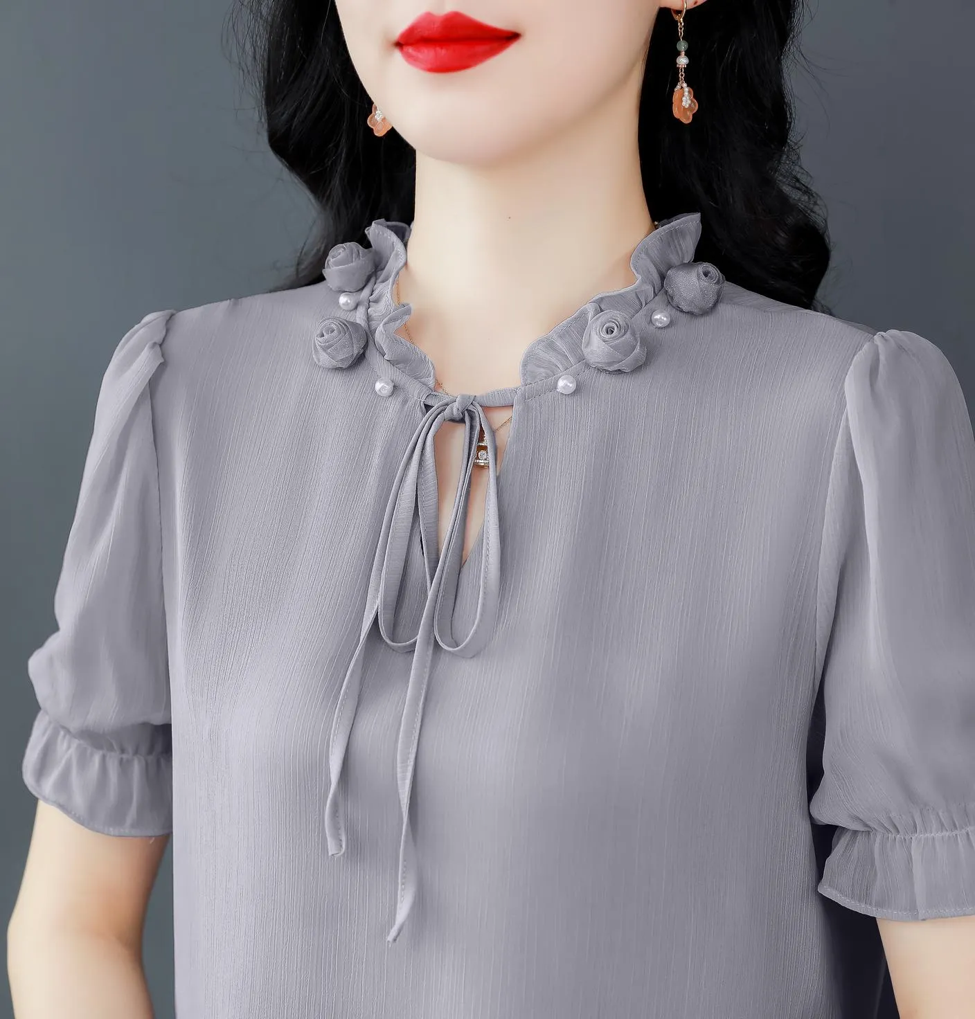 Solid Ruched Sleeve Satin Blouse for Elegant Occasions
