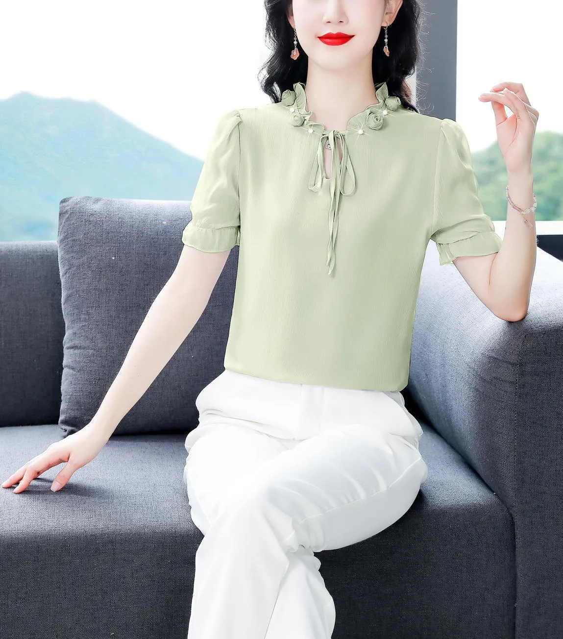 Solid Ruched Sleeve Satin Blouse for Elegant Occasions