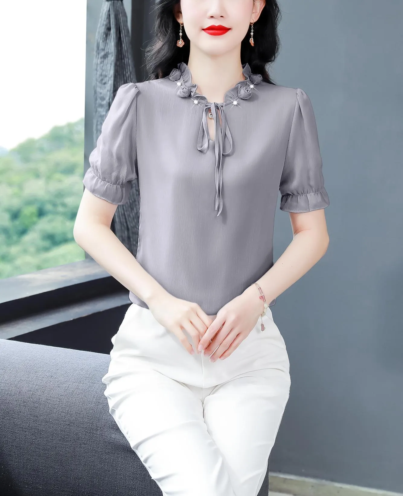 Solid Ruched Sleeve Satin Blouse for Elegant Occasions